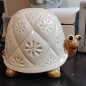 Vintage OMC Japan Ceramic Turtle Coin Bank w/ Floral Shell